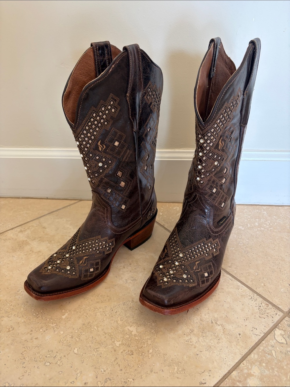 Women's Brown Studded Leather Western Heeled Boots